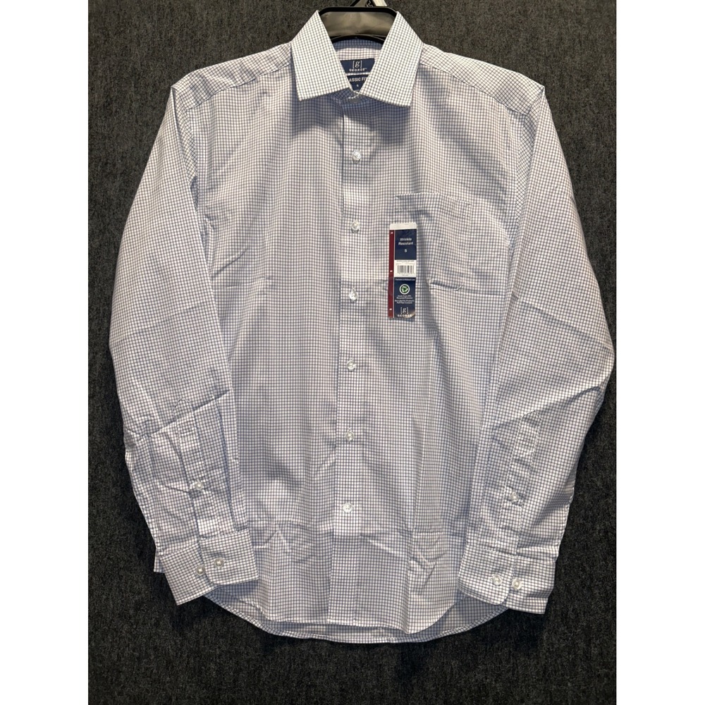 George Men Small Classic Fit Dress Shirt Blue White Check Wrinkle Resistant NWT